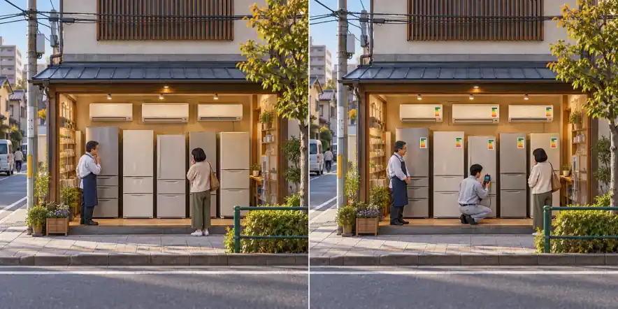 Japão · produção e venda de eletrodomésticos. O mercado pode continuar vendendo aparelhos ineficientes / Padrões e rótulos progressivos tornam o consumo visível