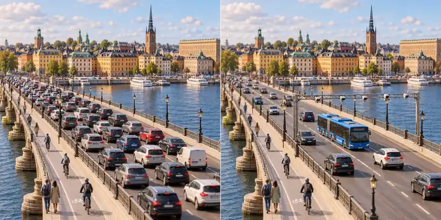 Estocolmo · Suécia. O tráfego atravessa o centro sem o custo de congestionamento / Um pedágio reduz a demanda e oferece suporte a alternativas