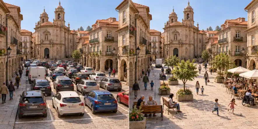 Pontevedra · Espanha. O centro histórico é ocupado por tráfego e estacionamentos. / Prioridade para pedestres, acesso necessário e espaços compartilhados