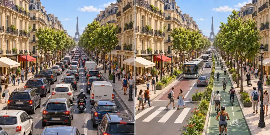 Paris · França. O espaço urbano continua atraindo tráfego / Menos veículos e alternativas acessíveis atravessam a cidade