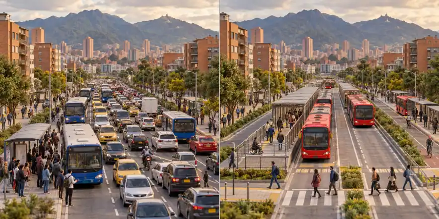 Bogotá · Colômbia. Ônibus competem por espaço no trânsito / Faixas dedicadas, paradas acessíveis e rede coordenada