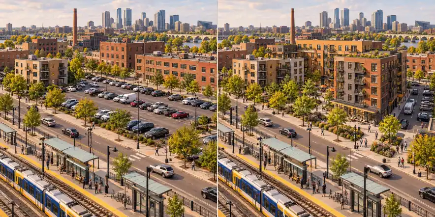 Minneapolis · Estados Unidos. As obrigações de estacionamento ocupam o lote do prédio / Edifícios e serviços podem usar a mesma terra de forma diferente
