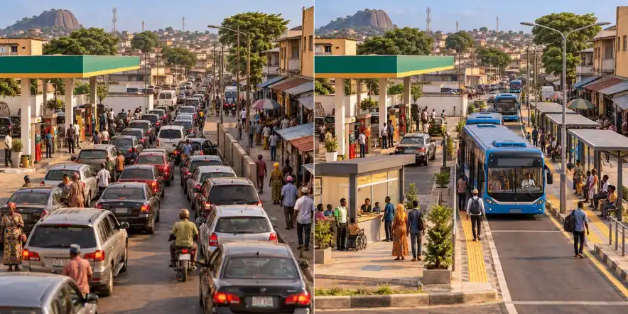 Nigéria · contexto da reforma do combustível. Recursos públicos apoiam o consumo de combustível / Uma transição financia alternativas e apoio direcionado