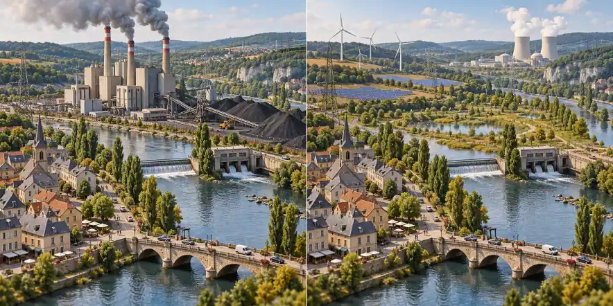 França · sistema elétrico. A produção de baixa emissão está sendo substituída por combustíveis fósseis / Capacidades de baixa emissão e novas fontes se coordenam