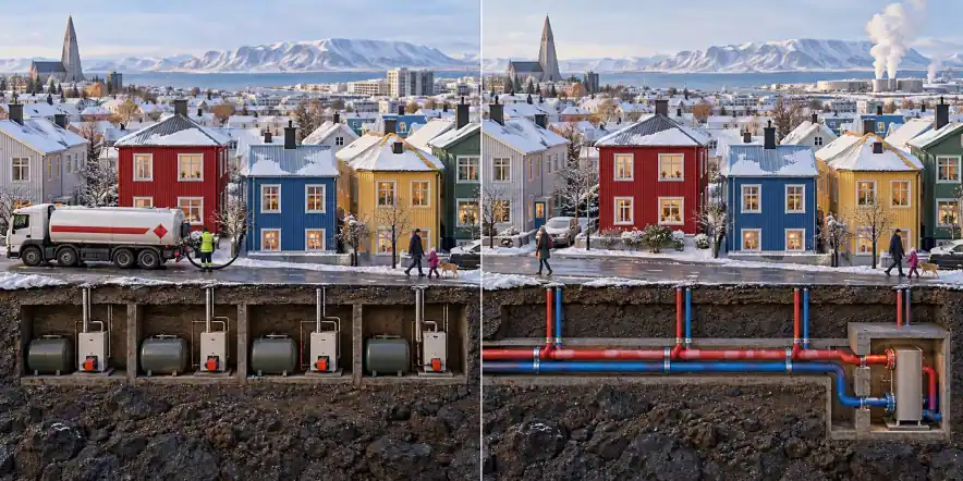 Islândia · Área de Reykjavík. As casas dependem de combustível para aquecimento / Uma rede usa recursos geotérmicos adequados para a localização