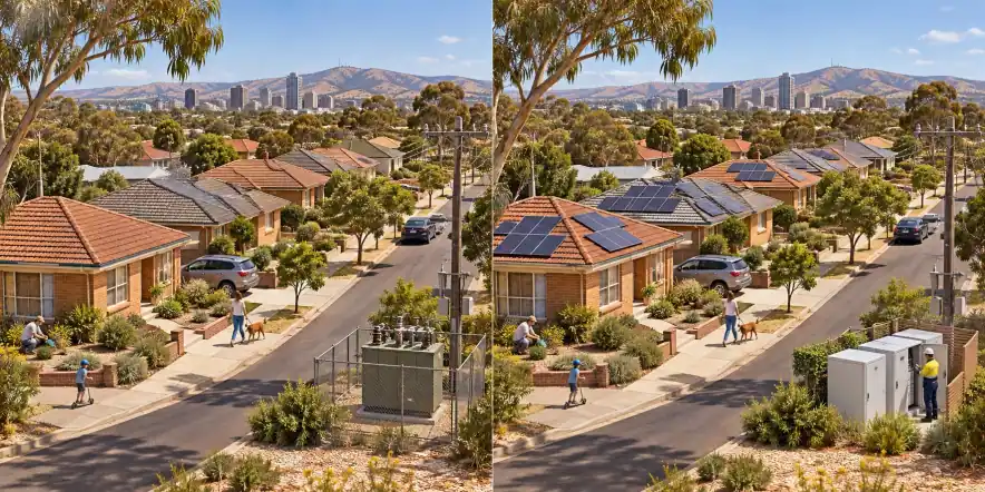 Austrália · bairro suburbano. Telhados e redes disponíveis não são adequados para geração local / Energia fotovoltaica difusa com conexões e gerenciamento de rede